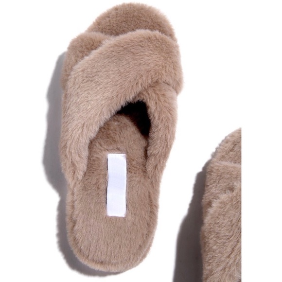 Taupe X Crossed Faux Fur Slippers Slides - Picture 4 of 7